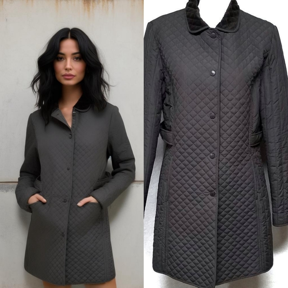 90s Vintage Larry Levine Gray Quilted Insulated Faux Fur Lined Trenchcoat